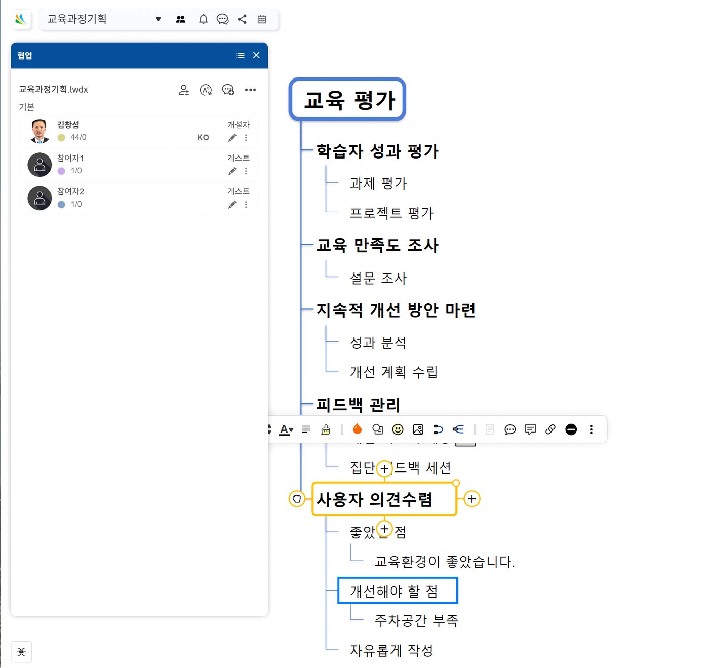 초대한 개설자와 일반 참여자는 모든 내용 열람 화면