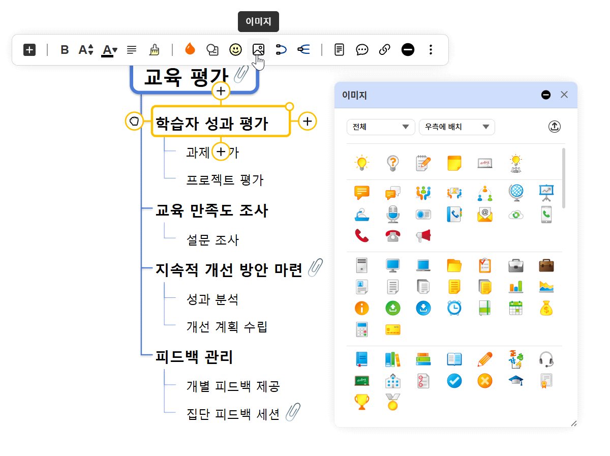 가지 편집 메뉴를 선택한 가지 옆에 표시 화면