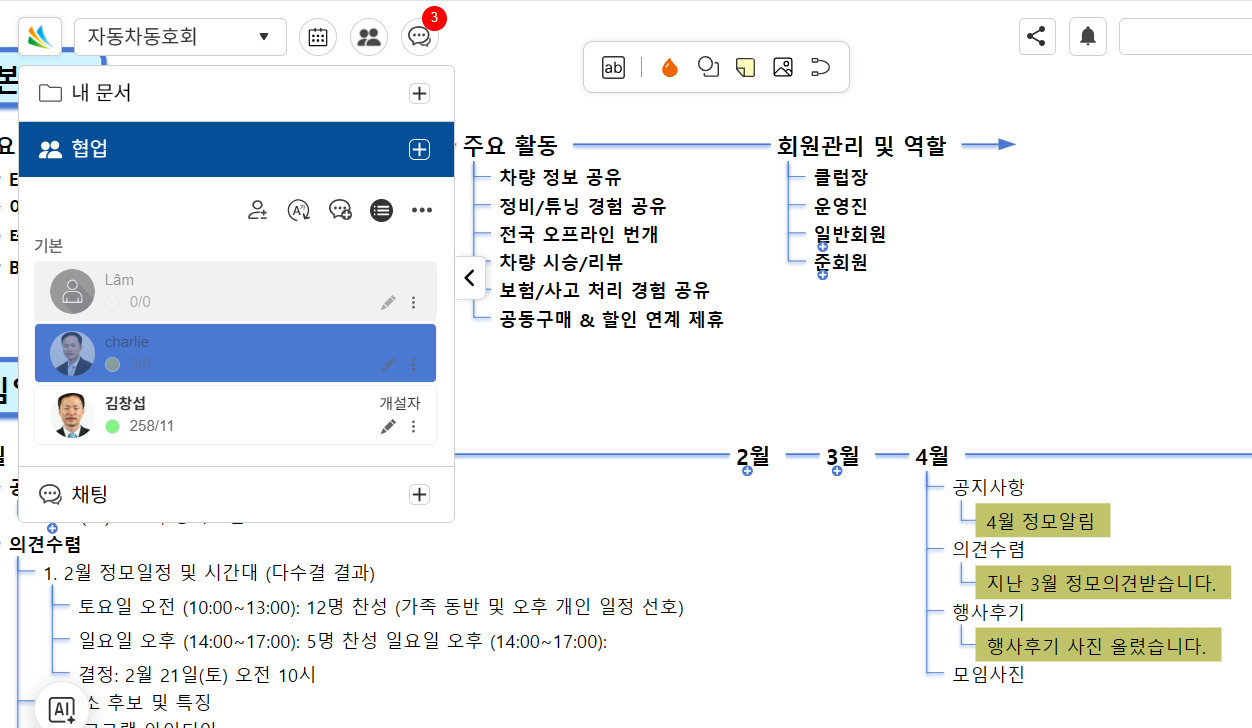 ④ 참여자별 작성내역 구분보기 — 색상 하이라이트